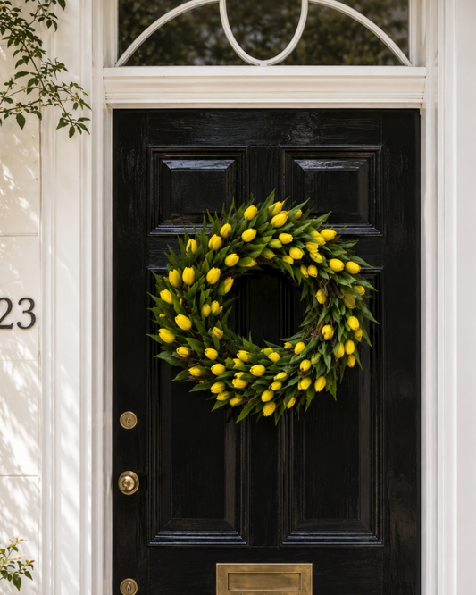 Classic black front door with a yellow tulip wreath, white trim, floral planter, and climbing greenery in a bright springtime townhouse entrance.