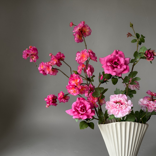 Luxury Pink Blossom Bouquet with silk pink blossoms, garden roses and ranunculus arranged in a white vase for timeless home decor