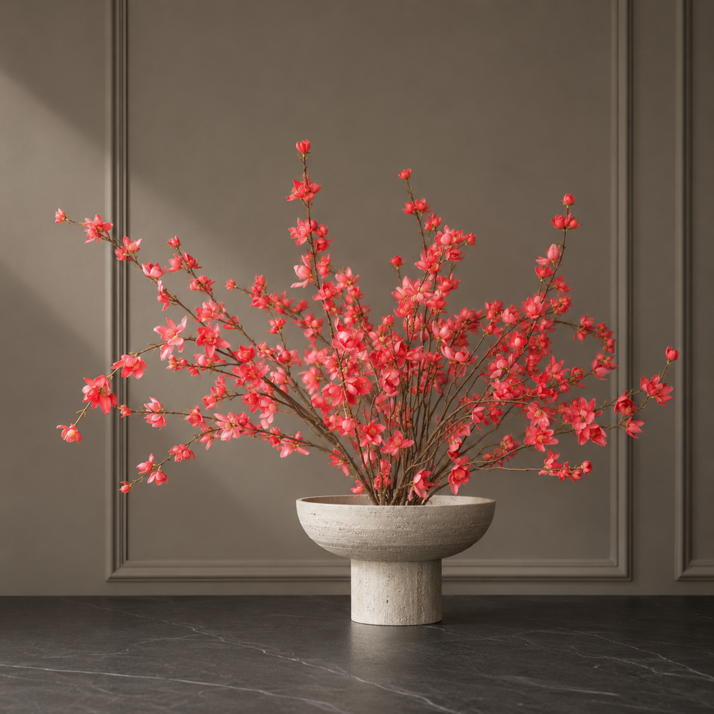 Realistic faux wintersweet blossom branch in coral pink tones for elegant home decor and floral styling