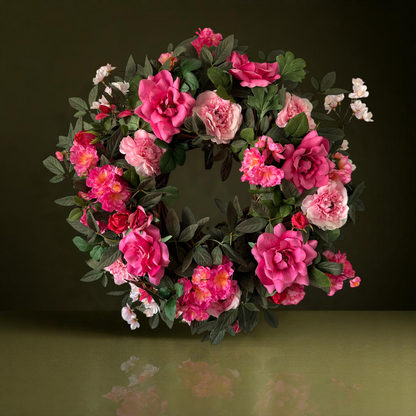 Handgemaakte luxe deurkrans met roze en fuchsia kunstrozen, pioenrozen en ranonkels op een groene, natuurlijke ondergrond — Jardin Enchanté.
