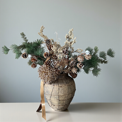 Luxury faux winter bouquet Whispering Pines by Jardin Enchanté — handcrafted with lifelike pine branches, golden accents, and elegant natural textures.
