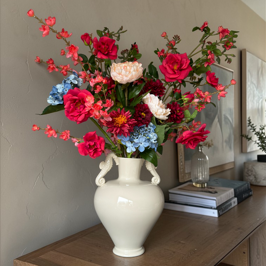 Luxury Coral Garden Bouquet with silk roses, hydrangeas and garden-style blooms arranged in a white vase for timeless home decor