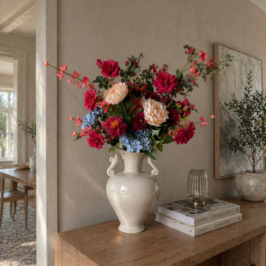 Luxury Coral Garden Bouquet with silk roses, hydrangeas and garden-style blooms arranged in a white vase for timeless home decor