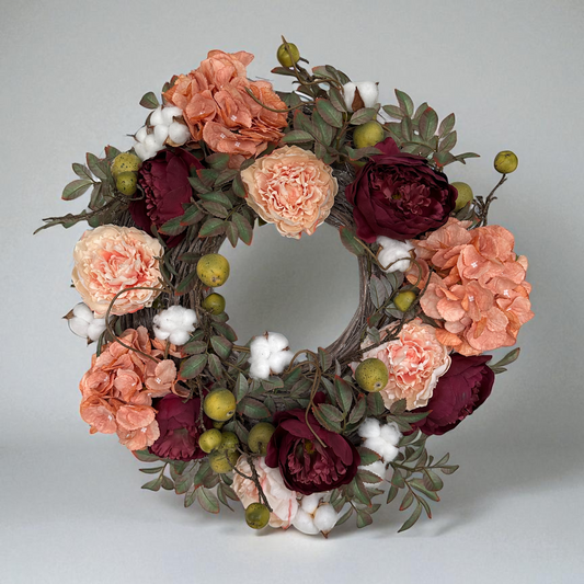 Luxury handmade autumn wreath for front door, featuring burgundy peonies, peach hydrangeas, blush roses, green apples, and cotton accents on a rustic twig base. Elegant fall floral wreath perfect for home decor, farmhouse entryway, and seasonal decoration.