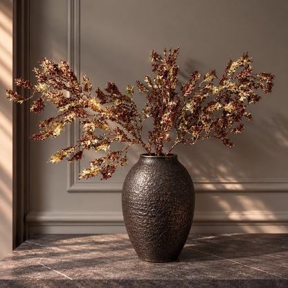 Gold glitter holly and red berry Christmas arrangement in dark textured vase, luxury winter styling | gouden kunsttak rode bessen kerstdecoratie