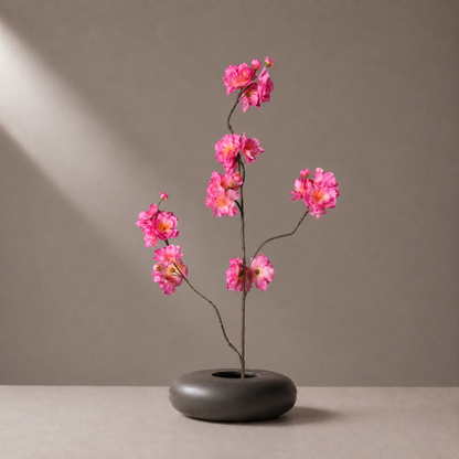 Real touch pink Kanzan blossom stem styled in a sculptural black vase against a warm neutral background