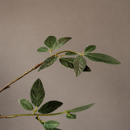 Premium kunst bladtak in natuurlijke groentinten gestyled in een sculpturale zwarte vaas