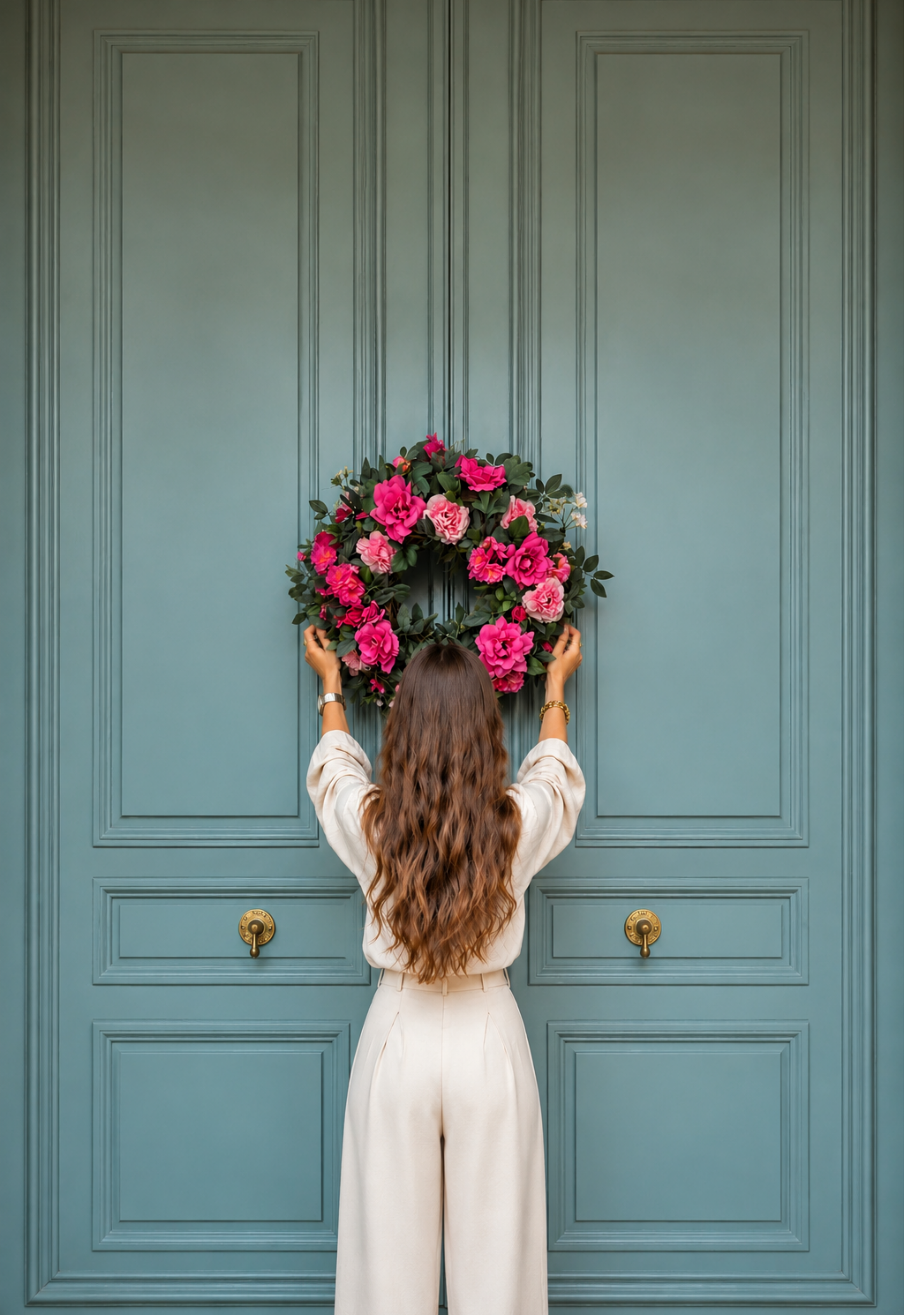 Luxury pink faux flower door wreath with realistic artificial roses and lush greenery displayed on an elegant blue front door, featuring handcrafted silk flowers for spring home decor, front porch styling, farmhouse entryway decoration, and timeless floral interior design inspiration
