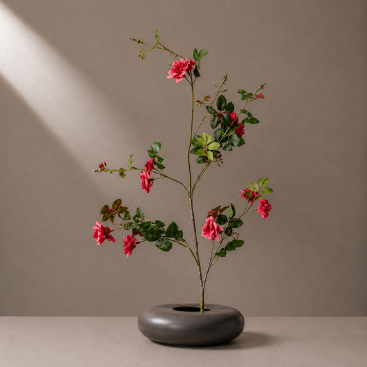 Real touch coral mini garden rose stem styled in a sculptural black vase against a warm neutral background