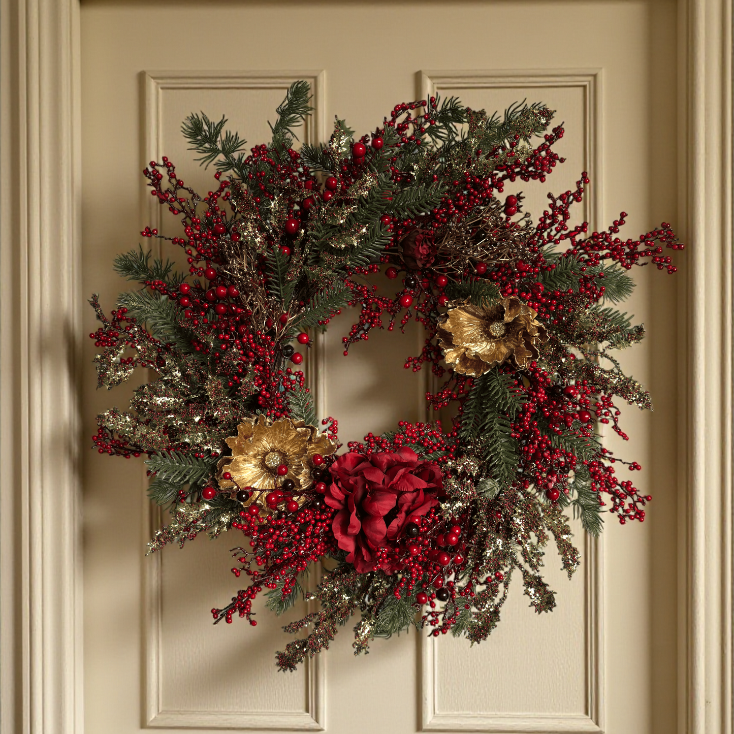 Luxe kunstkerstkrans met rode bessen, gouden bloemen en dennetakken, opgehangen aan een moderne grijze voordeur – stijlvolle kerstdecoratie met feestelijke uitstraling.