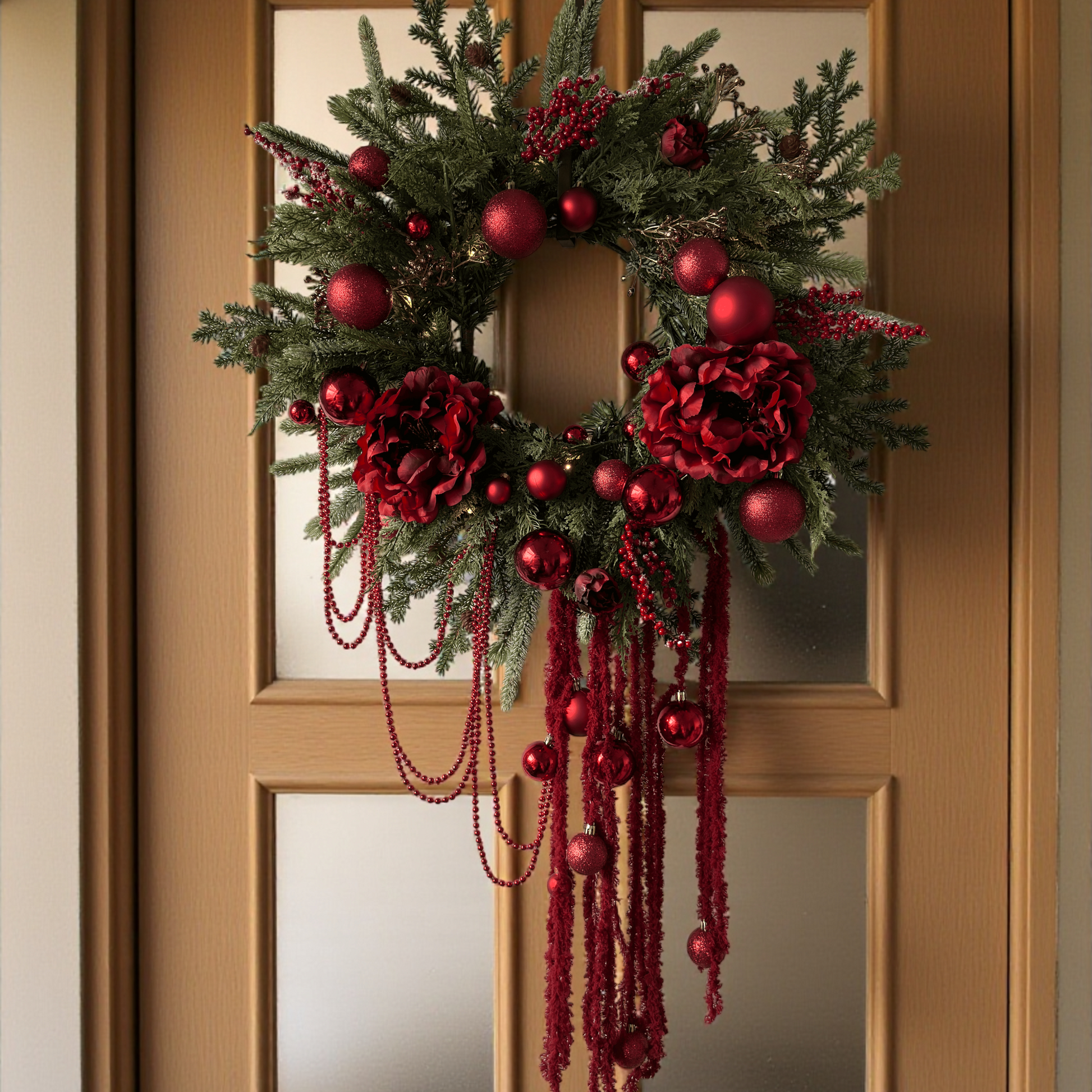 Luxe kunstkerstkrans met warme LED-verlichting, rode kerstballen, bessen en zijde bloemen – stijlvolle kunstkrans met hangende rode decoratie, perfect als opvallende kerstdecoratie voor binnen of aan de voordeur.