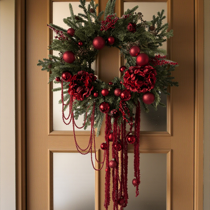 Luxe kunstkerstkrans met warme LED-verlichting, rode kerstballen, bessen en zijde bloemen – stijlvolle kunstkrans met hangende rode decoratie, perfect als opvallende kerstdecoratie voor binnen of aan de voordeur.