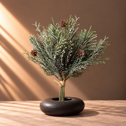 Frosted artificial pine pick bundle of six with brown pine cones and snow-dusted evergreen foliage, styled in a black vase | Bosje van zes besneeuwde kunst dennentakjes met dennenappels voor kerstdecoratie