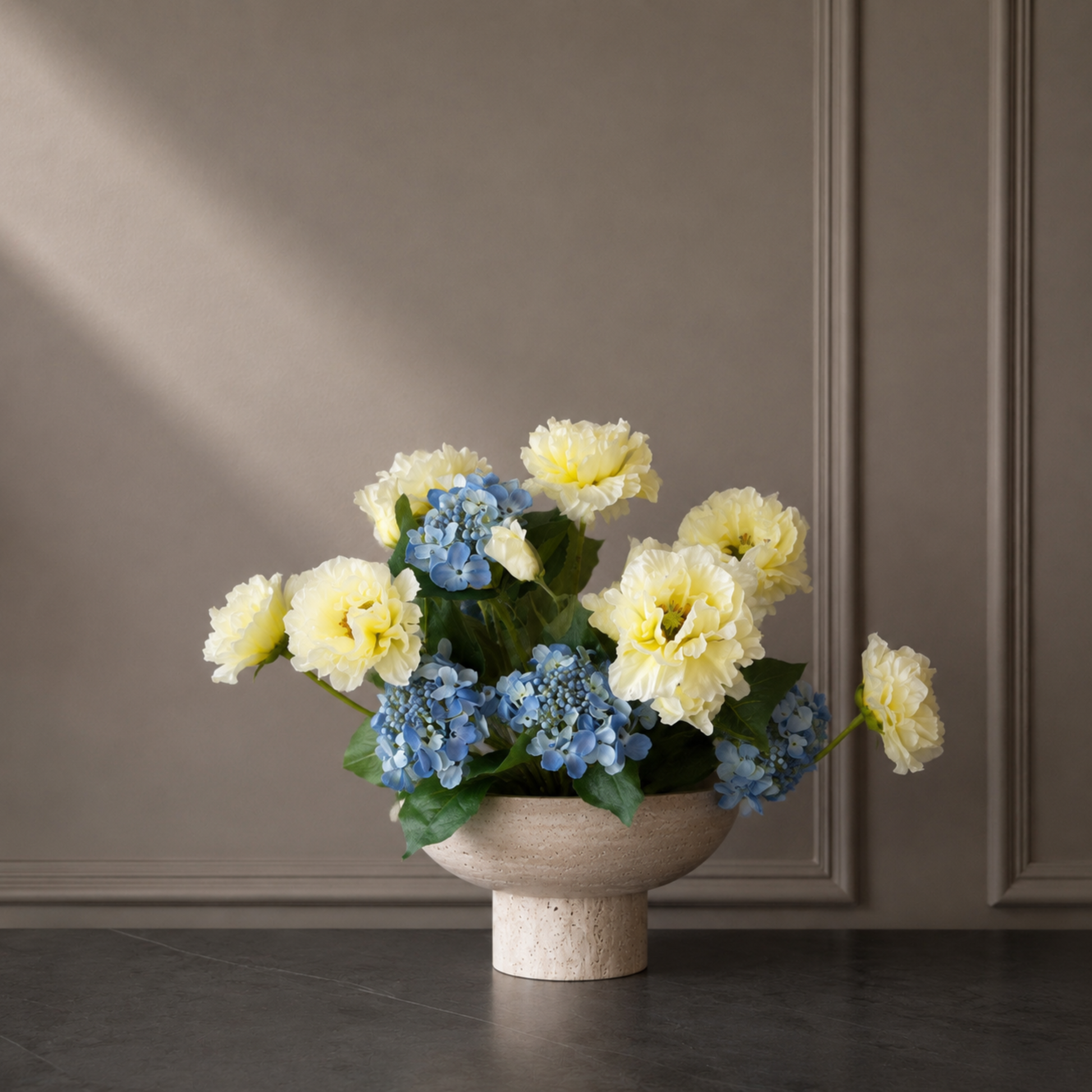 Premium faux blue hydrangea flower stem for elegant home decor and vase styling