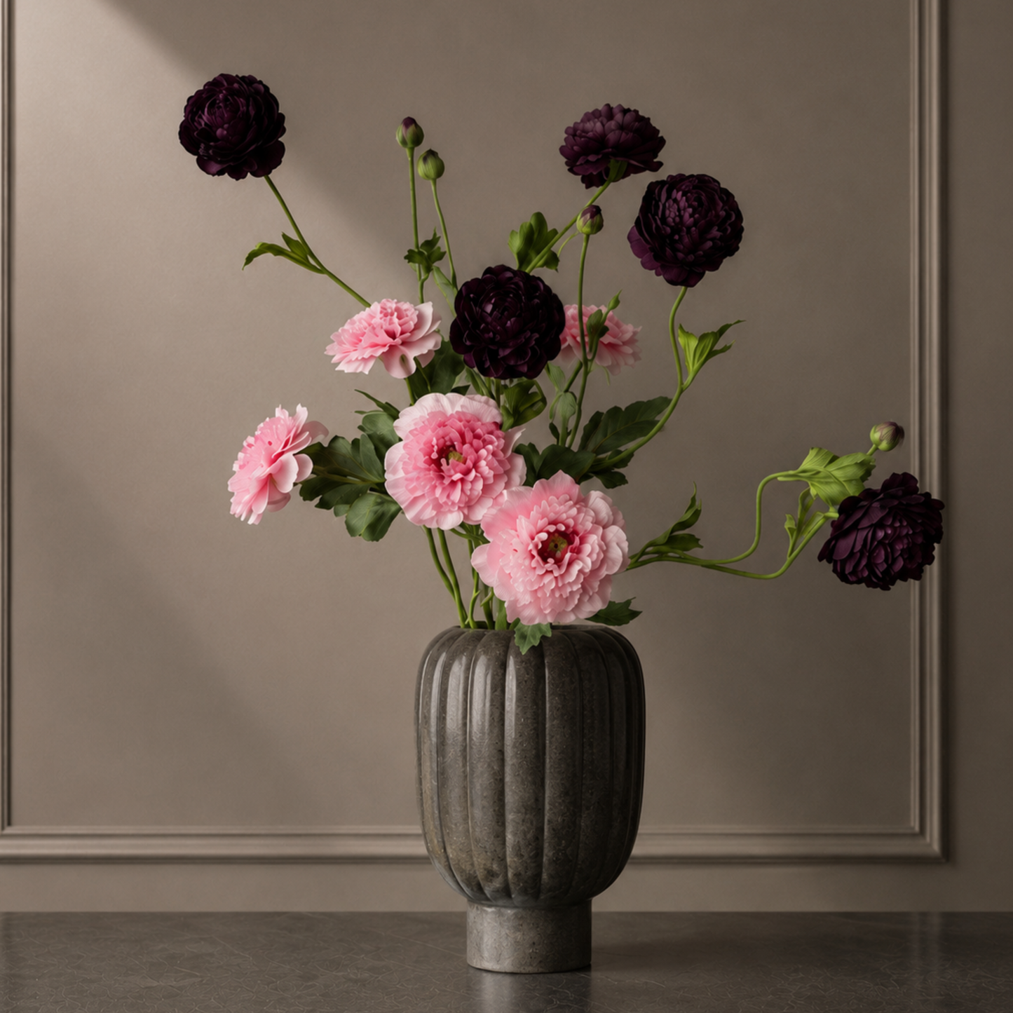 Premium faux burgundy ranunculus flower stem for elegant home decor and vase styling