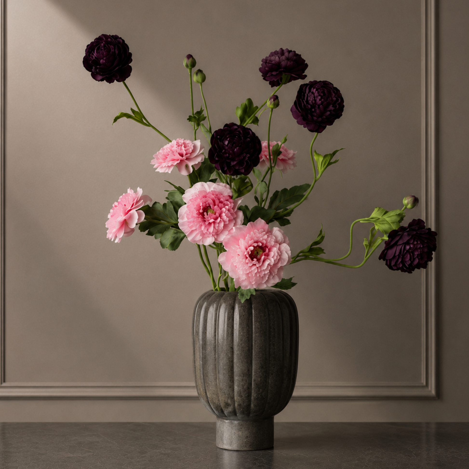 Premium faux burgundy ranunculus flower stem for elegant home decor and vase styling