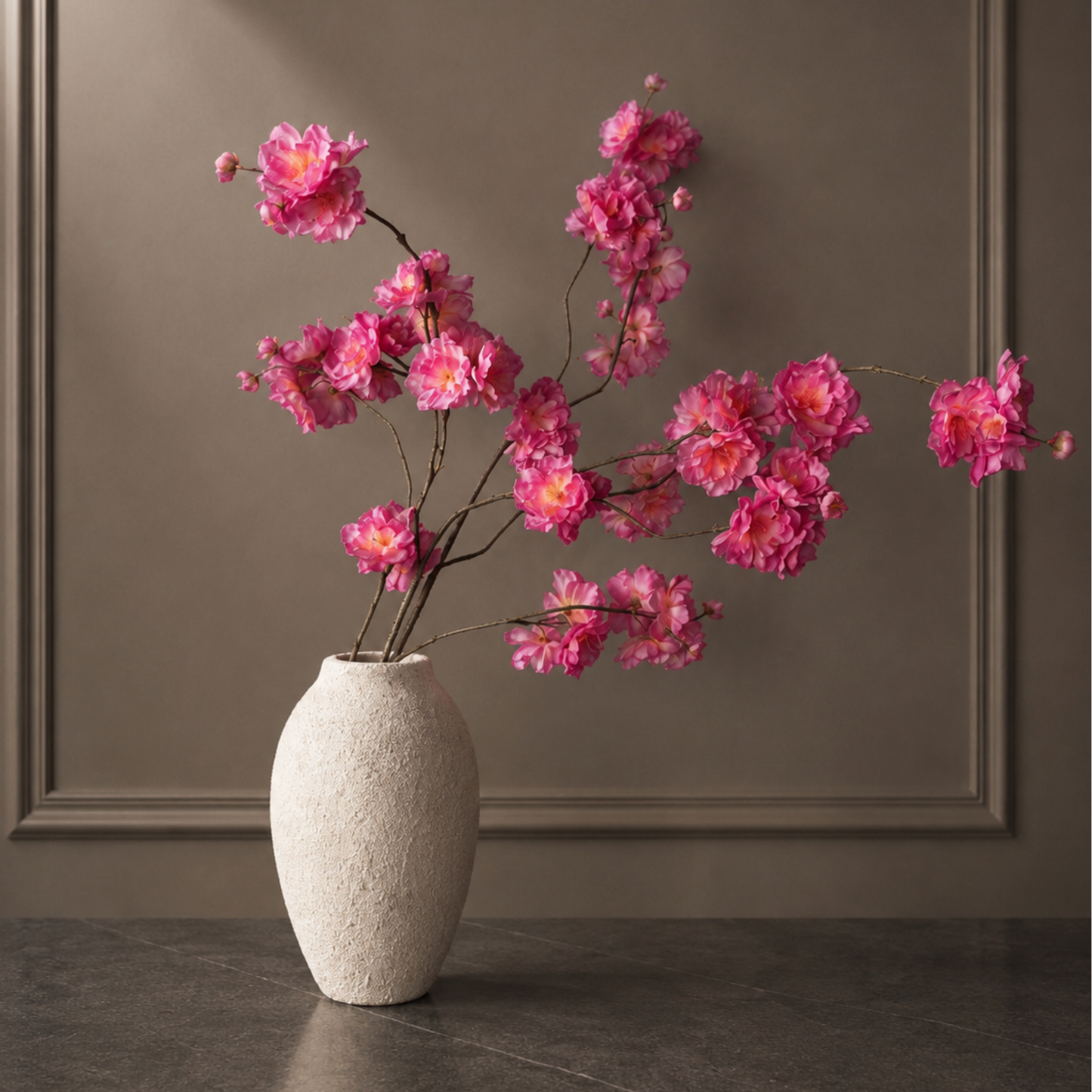 Premium faux Kanzan blossom branch in vibrant pink tones for elegant home decor and vase styling