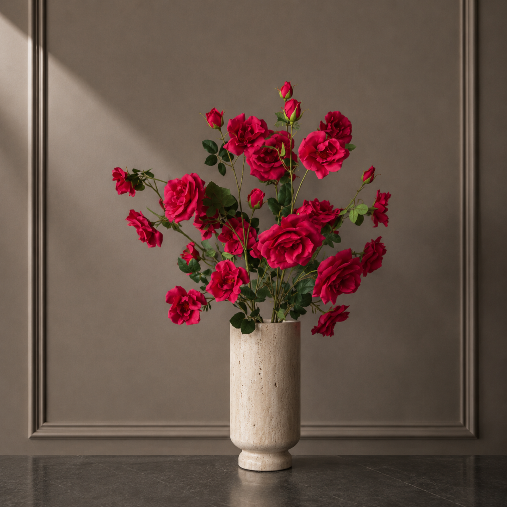 Premium faux red rose spray branch against a warm neutral background
