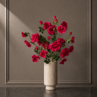 Premium faux red rose spray branch against a warm neutral background