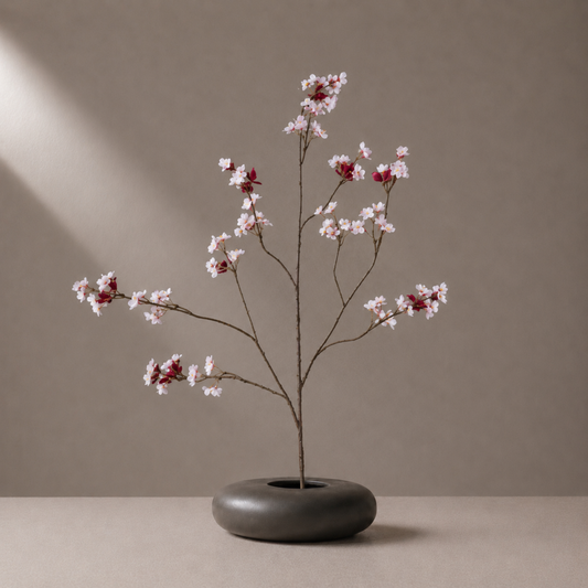 Real touch pink peach blossom spray branch styled in a sculptural black vase against a warm neutral background