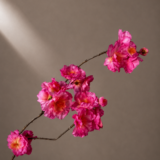 Real touch roze Kanzan bloesem steel in een sculpturale zwarte vaas tegen een warme neutrale achtergrond