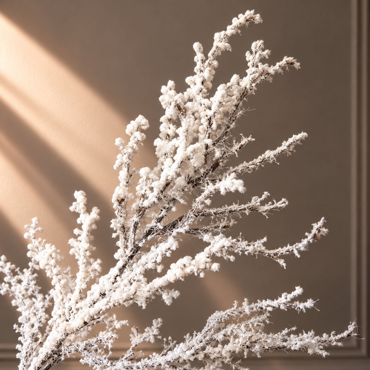 Close-up of snow branch artificial frosted texture