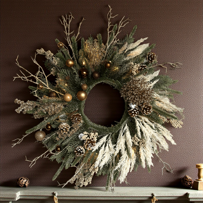 luxe kunstkerstkrans met warme LED-verlichting, gouden kerstballen, dennenappels en pampasgras – elegante kunstkrans met glitters en natuurlijke uitstraling voor aan de muur of voordeur.