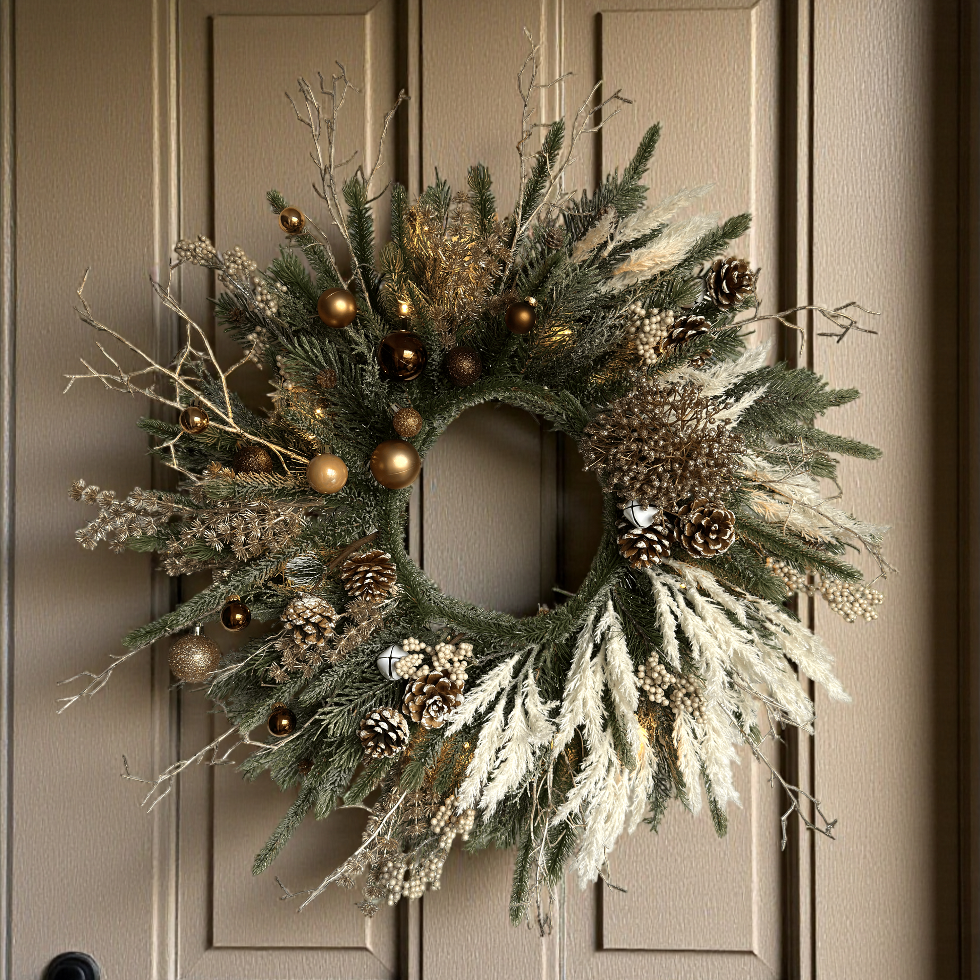 luxe kunstkerstkrans met warme LED-verlichting, gouden kerstballen, dennenappels en pampasgras – elegante kunstkrans met glitters en natuurlijke uitstraling voor aan de muur of voordeur.