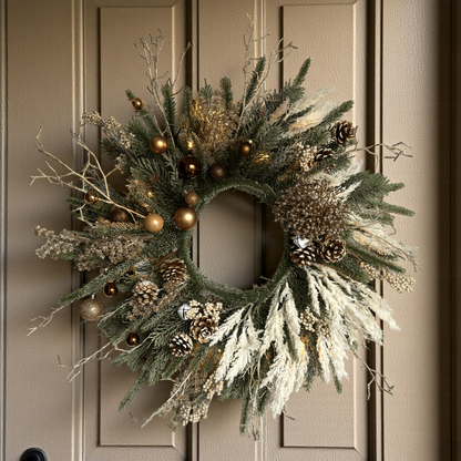 luxe kunstkerstkrans met warme LED-verlichting, gouden kerstballen, dennenappels en pampasgras – elegante kunstkrans met glitters en natuurlijke uitstraling voor aan de muur of voordeur.