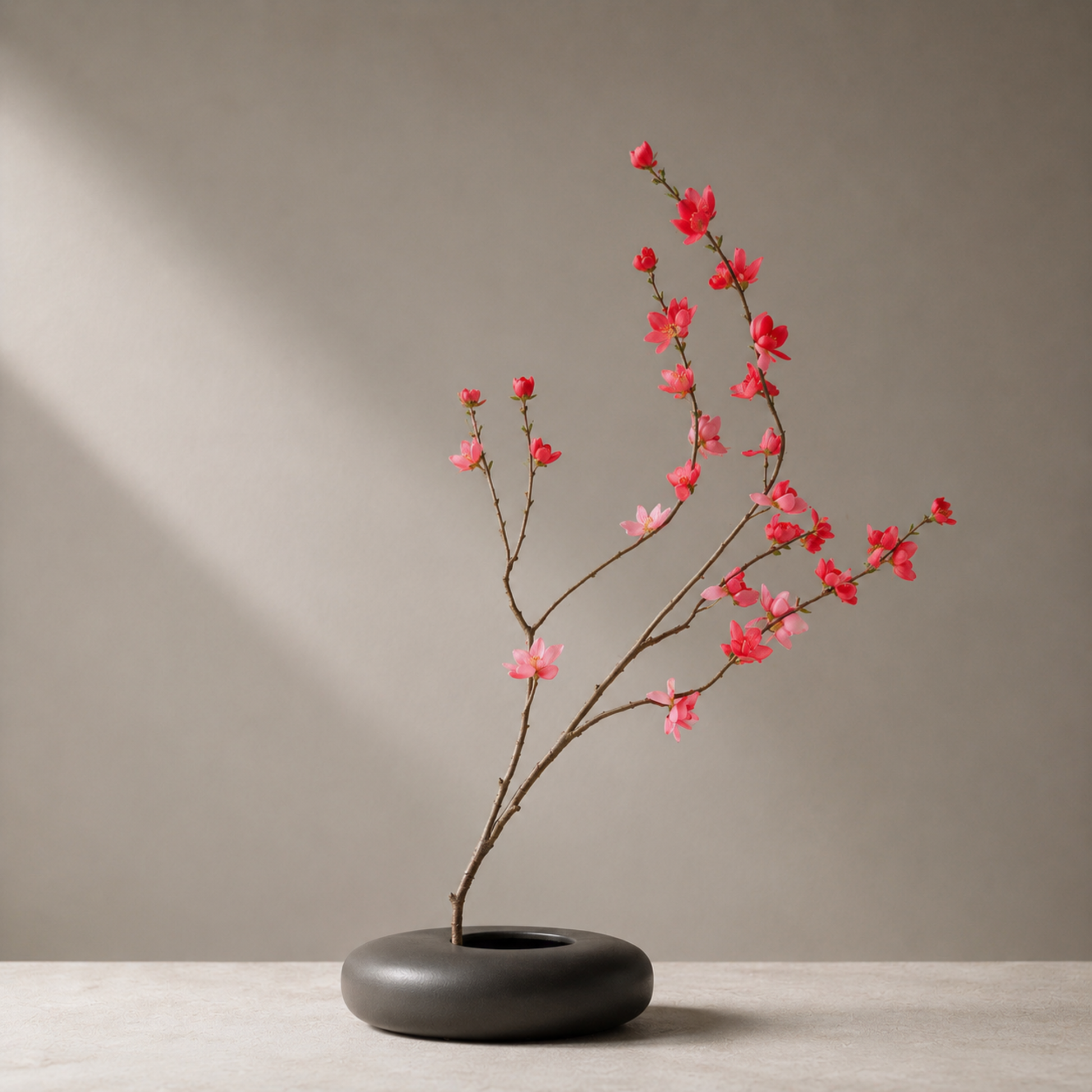 Premium artificial coral wintersweet blossom stem styled in a sculptural black vase against a warm neutral background