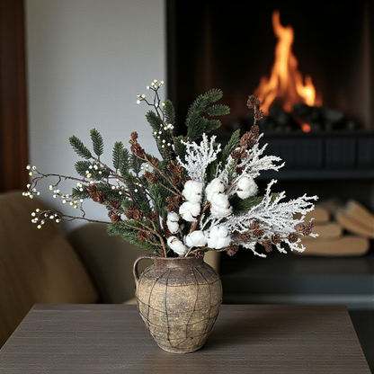 Luxe winterboeket met katoentakken, berijpte dennen en witte bessen in aardetint vaas. Handgemaakt kunstbloemenarrangement van Jardin Enchanté — stijlvolle winterdecoratie voor woonkamer of tafel.